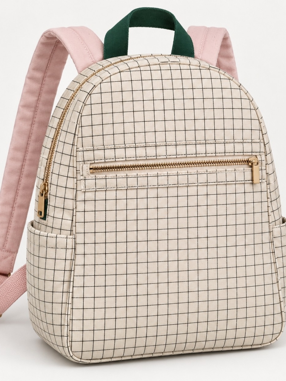 Canvas Grid Backpack - Cream with Pink Straps & Green Handle